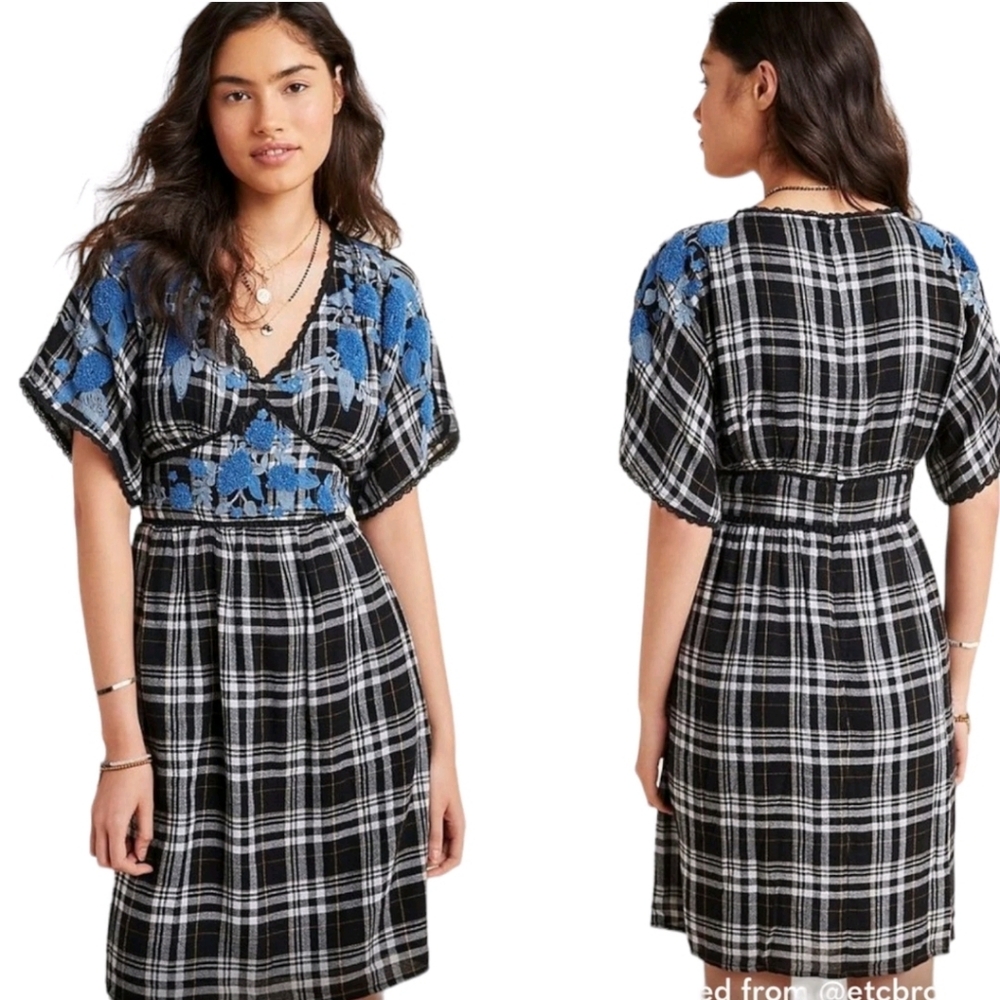 Anthropologie Sarah Plaid Embroidered Dress Floral Lace Midi Dress Size 10